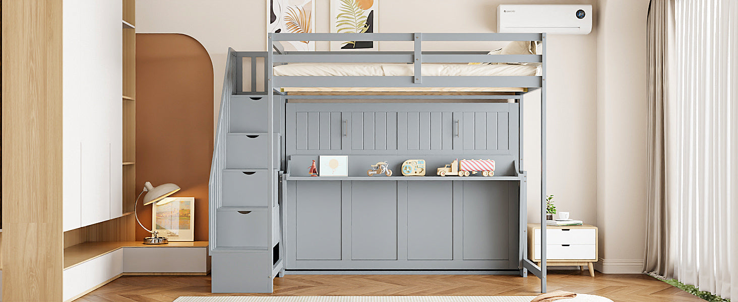 Full Over Full Size Murphy Bed with Hydraulic Lift & Desk Design, Gray