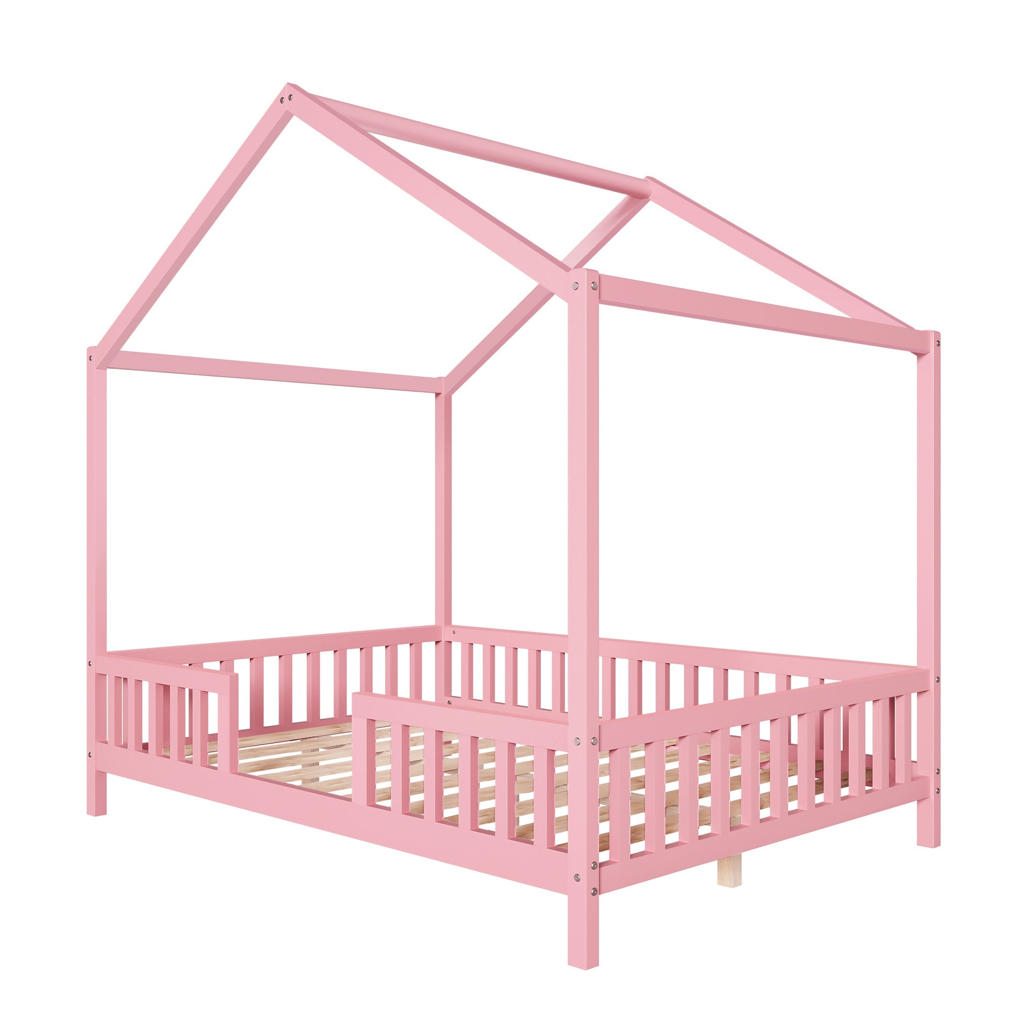 Montessori Floor Bed with Canopy, Full Bed Frame for Kids, House Shape Kids Bed Frame with High Railings, Wood Kids Bed with Roof, Kid Full Bed, Pink