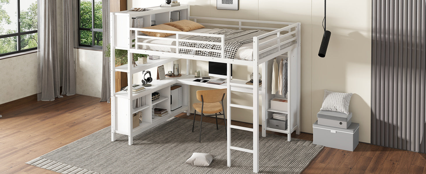 Metal Loft Bed with Wardrobe And L-shaped Desk, Queen Size Loft Bed with Storage Cubes and Shelves, Heavy Duty Loft Bed for Kids Teens Adults, White