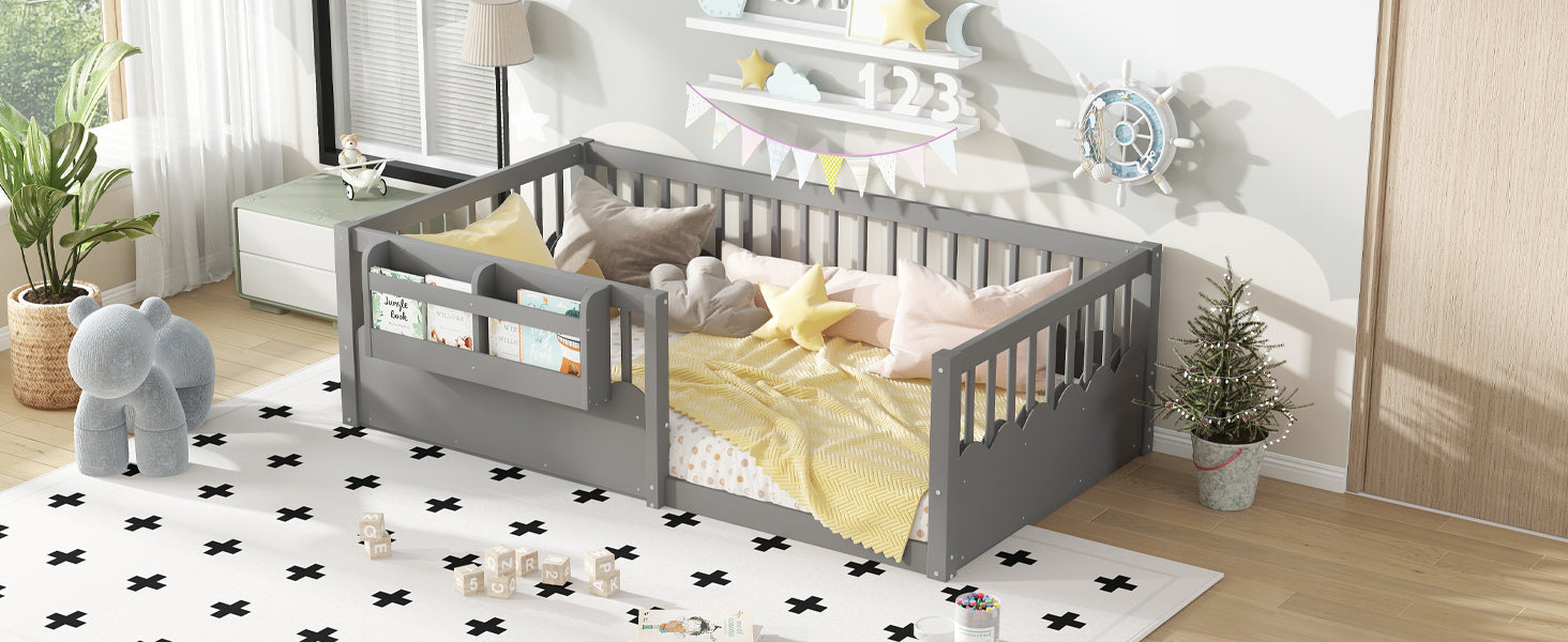 Twin Floor bed with Heightened Fence and bookshelf ,Wood Floor Bed for Kids, Gray.