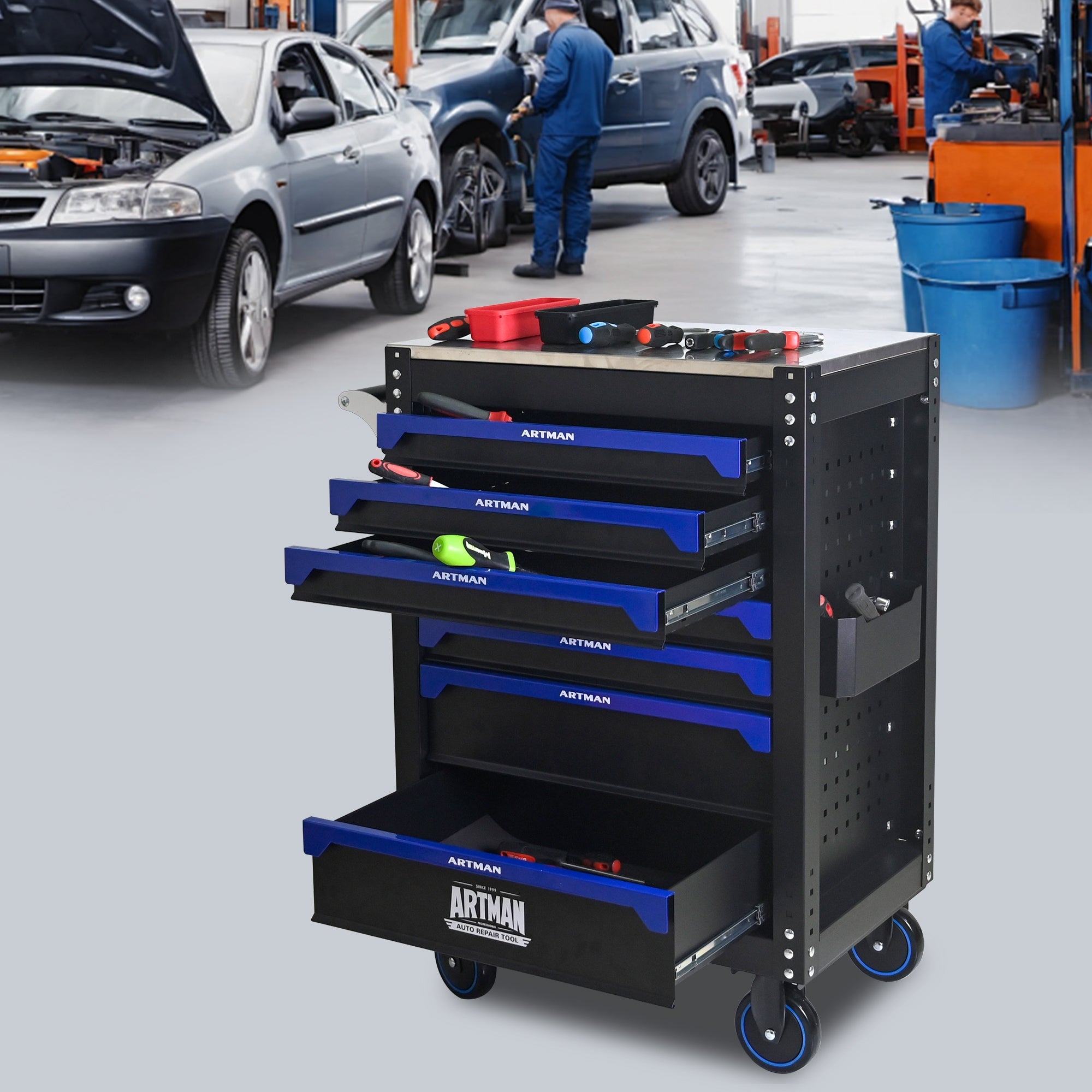 30-inch 7-drawer Iron-top Practical Rolling Steel Tool Cart, With Handle and Wheels, Storage Cabinet for Garages, Warehouses, Repair Shops, Requires Assembly of the the Tool Cart - Black & Blue