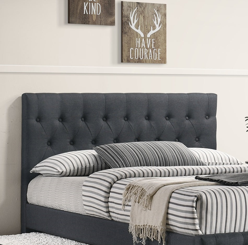 Contemporary Full Size Bed w/ Trundle Slats Charcoal Burlap Upholstered Button Tufted Headboard Footboard Youth Bedroom Furniture wooden Slats 1pc Bed