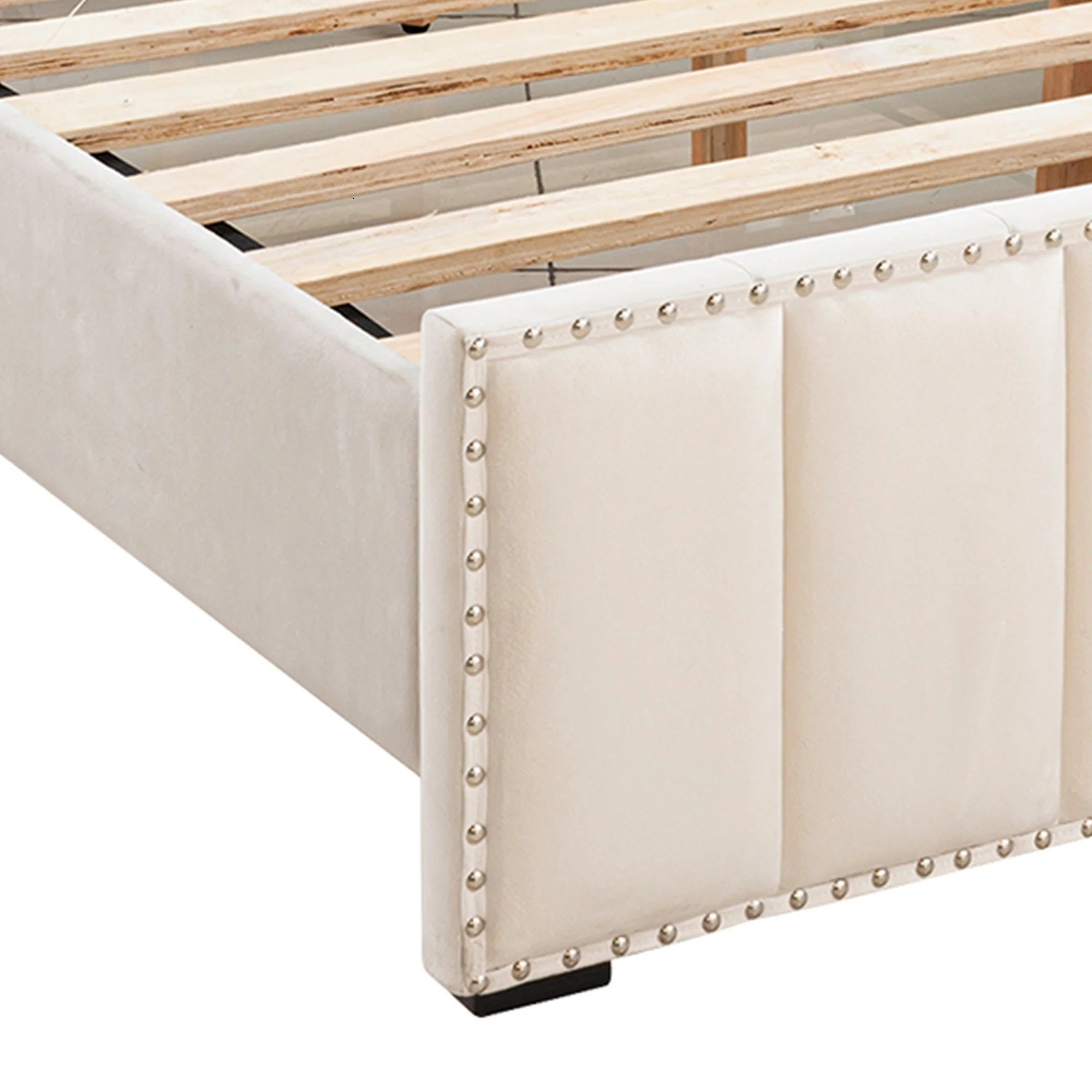 Full Size Bed 2x Nightstands Bedroom Furniture Contemporary Beige Fabric Upholstered Bedframe w LED Nailhead Trim 3pc Bedroom Set