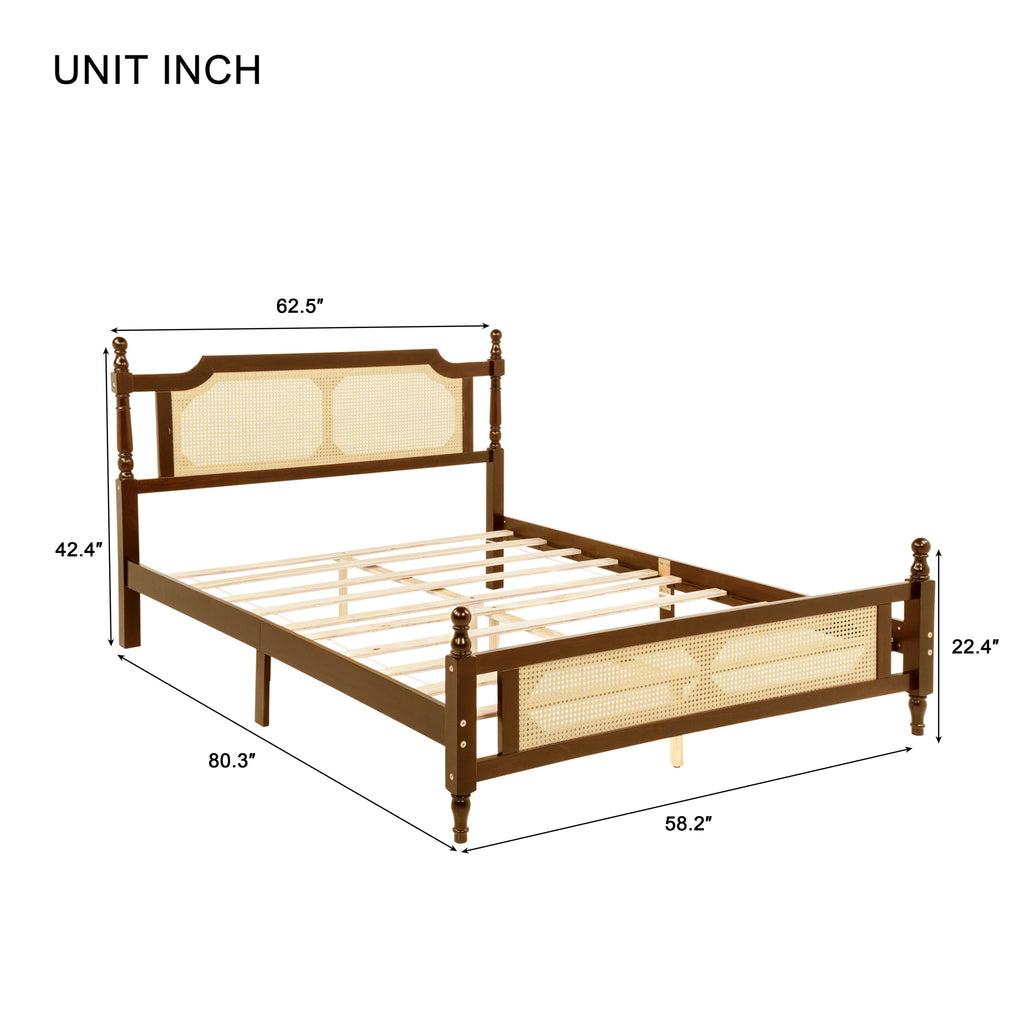 Queen Pine wooden Bed with Rattan Headboard  and Footboard, with  Central Enhanced Bed Platform,Walnut