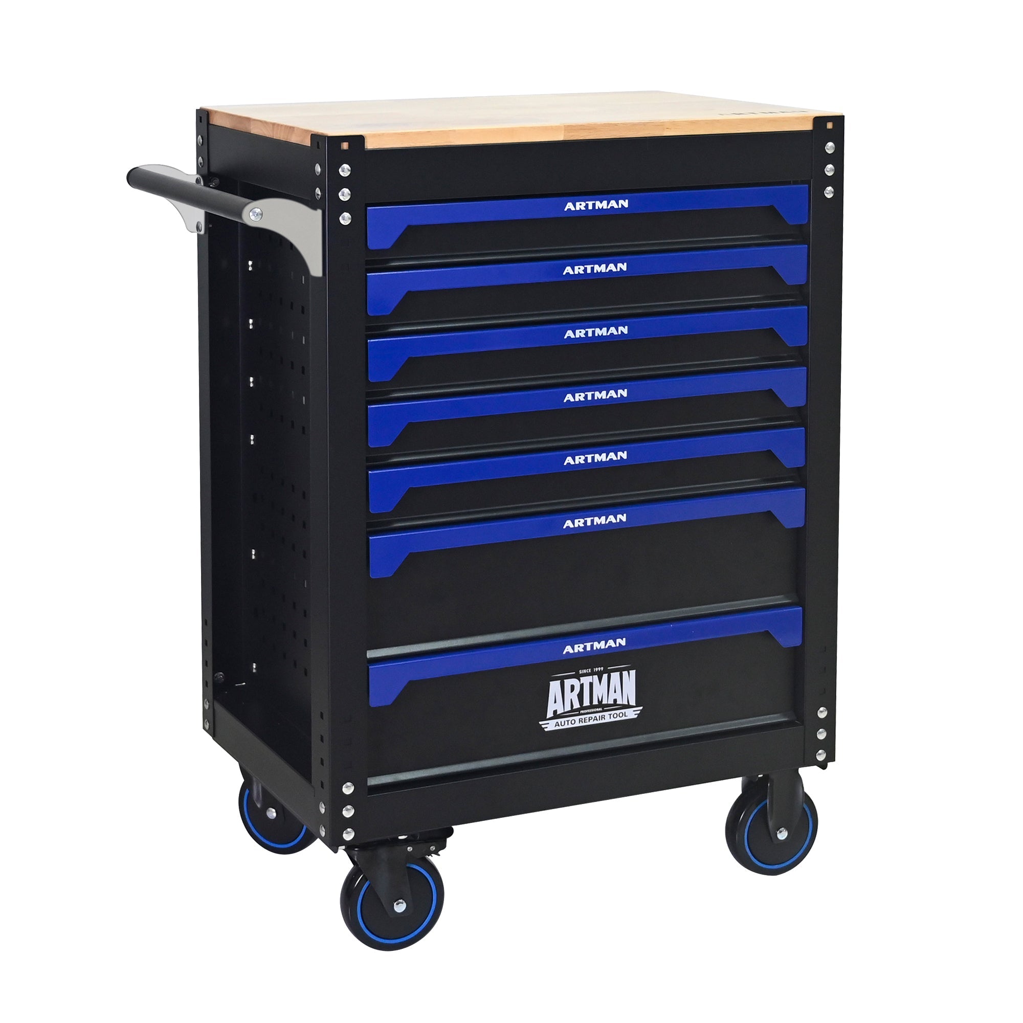 30-inch 7-drawer Wood-top Practical Rolling Steel Tool Cart, With Handle and Wheels, Storage Cabinet for Garages, Warehouses, Repair Shops, Requires Assembly of the the Tool Cart - Black & Blue