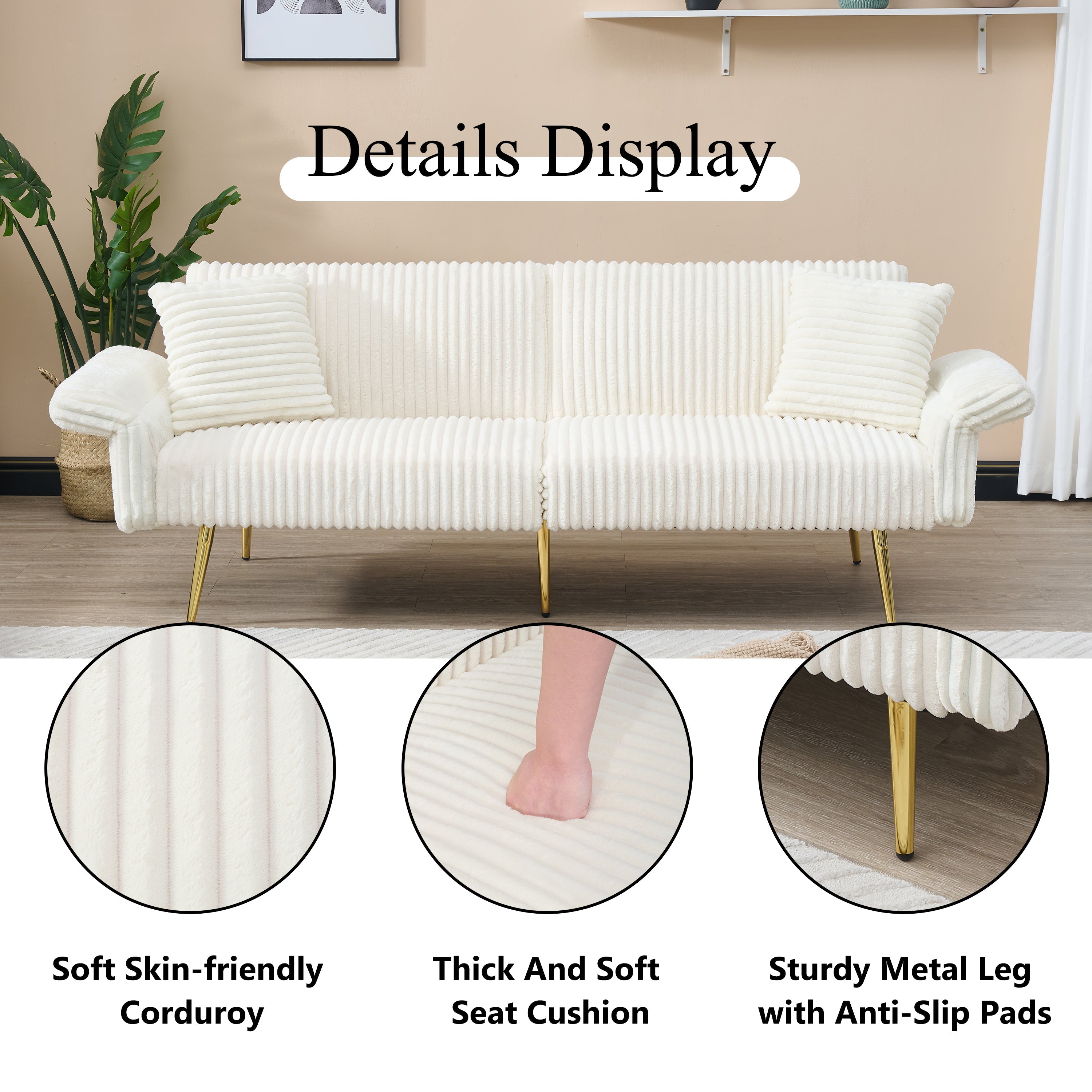 Corduroy Foldable Double Sofa Bed with Folding Armrests for Living Rooms and Small Spaces, 79 Inch