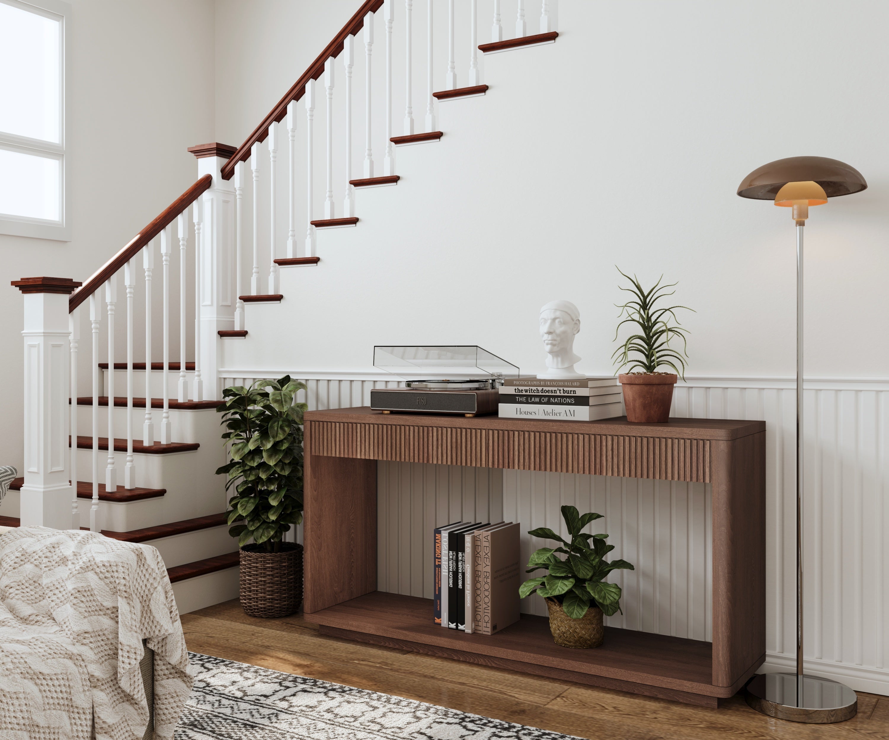 60' Modern 2-Drawer Fluted Console Table Natural Wood Veneer Sofa Table Behind Couch Table for Living Room, Hallway, Entryway, Home Office, Walnut