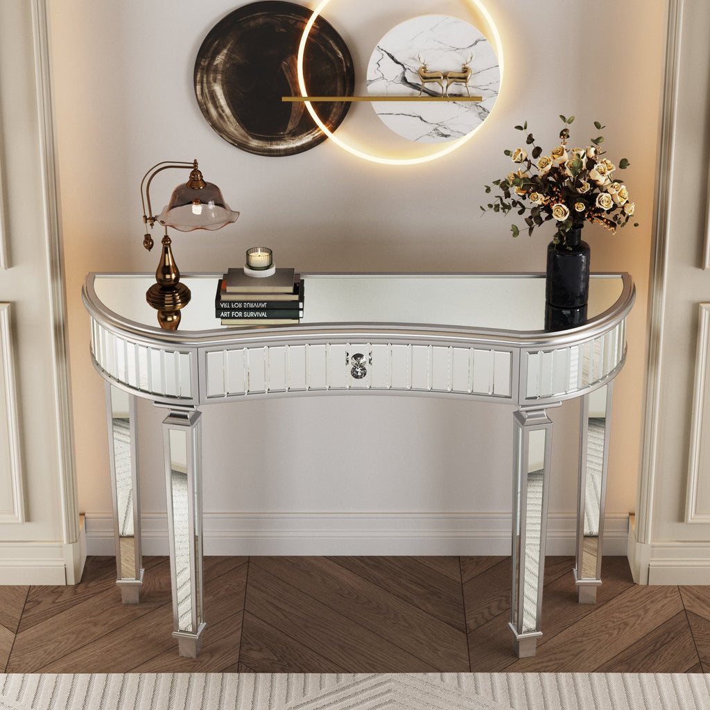 47' Half-Moon Mirrored Console Table with Fluted Glass & Crystal Knob Drawer - Silver Entryway Vanity Desk for Bedroom/Dressing Room(Grey+Sliver)
