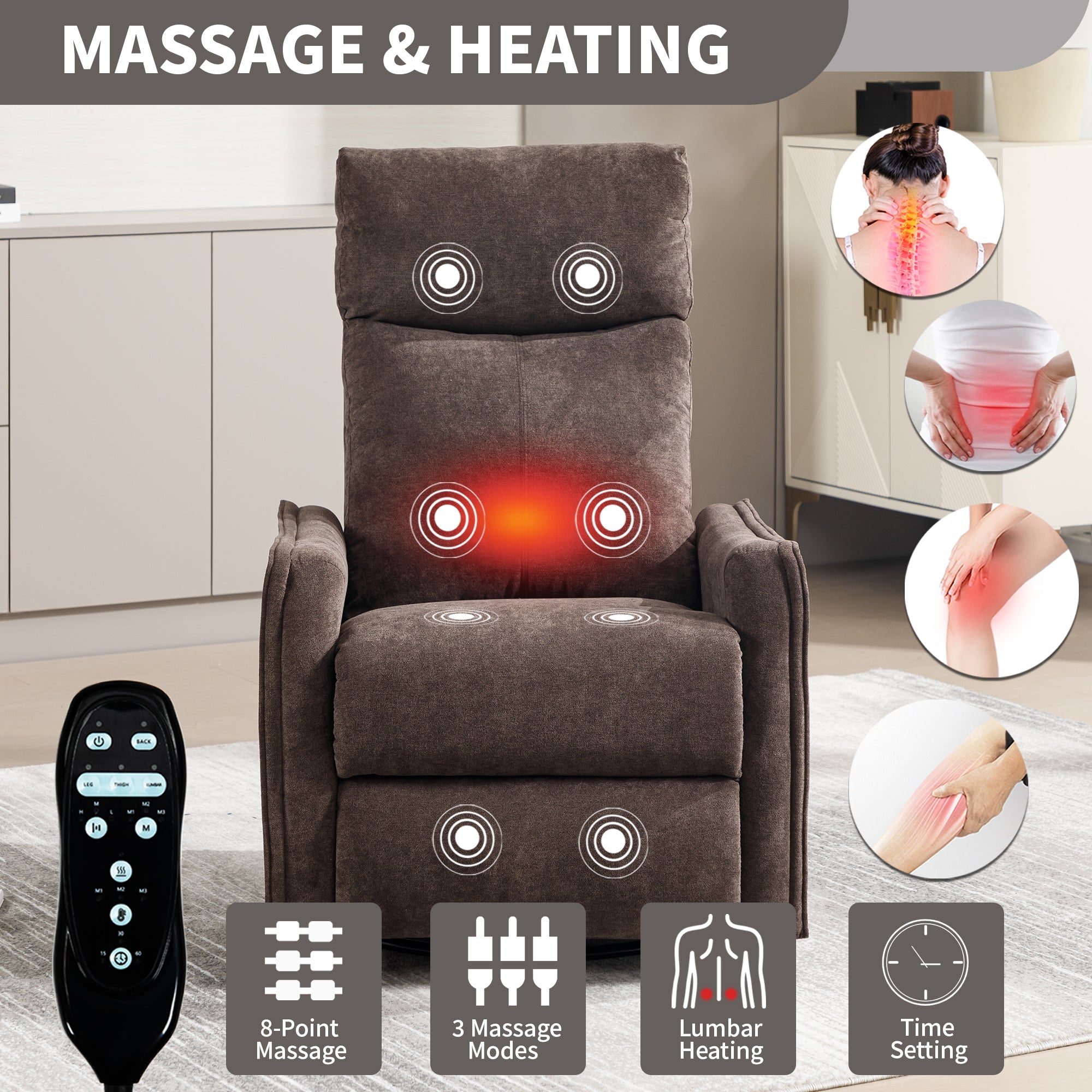 Heat Massage Manual Recliner Chair with Rocker and Swivel in Fabric for Living Room, Brown