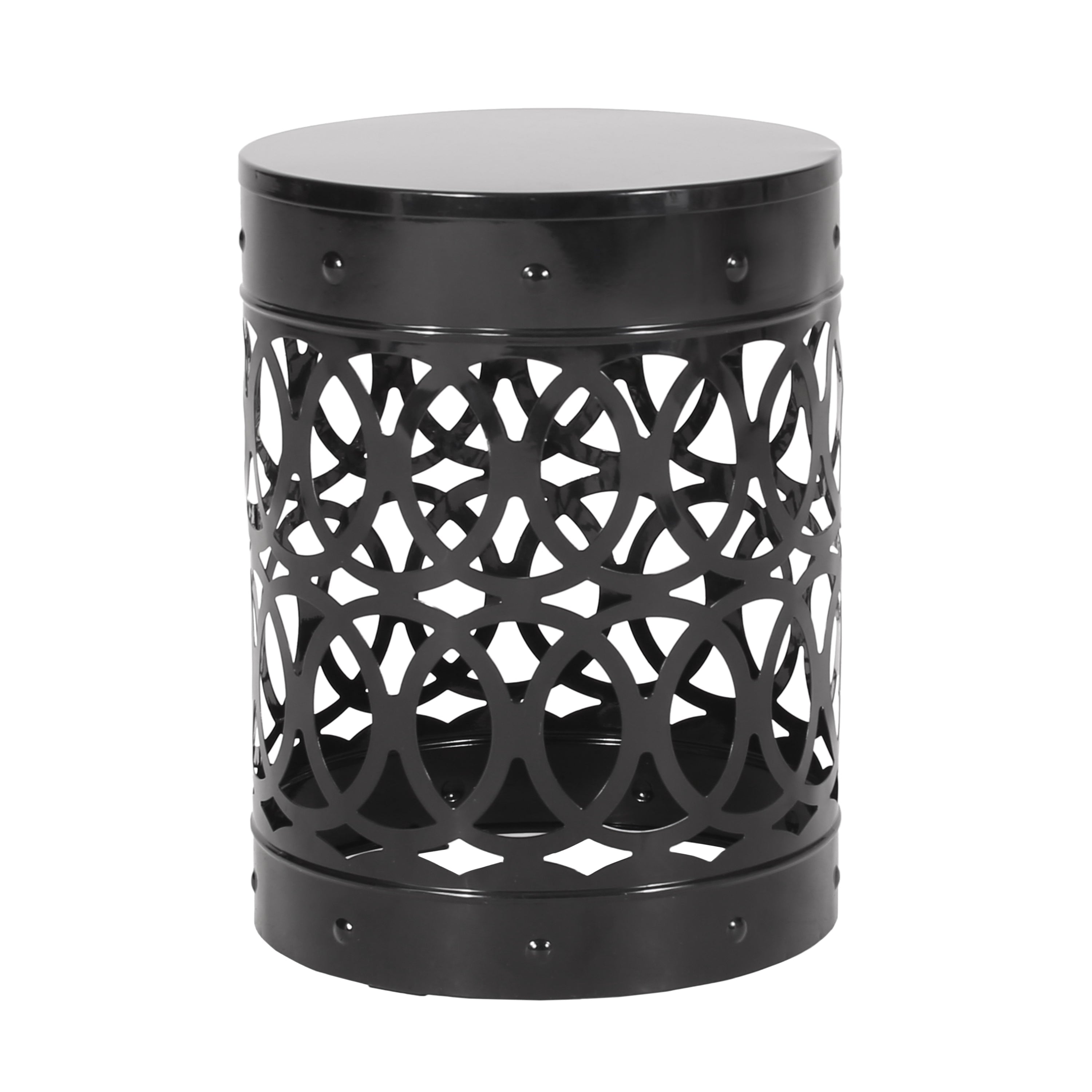 Modern Outdoor Metal End Table with Iron Cut Design in Black, Large Size
