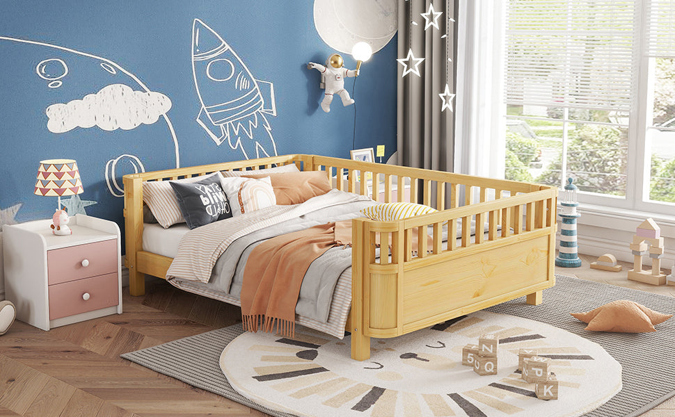 Full Size Wood Platform Bed for Kids, Wood Low Profile Full Bed with Rails for Girls and Boys, Natural (Patented Design, Old SKU W2593P233781)