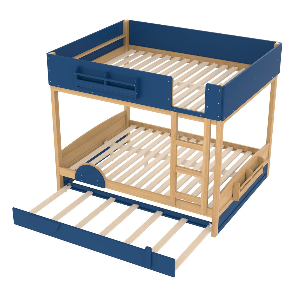 Queen Bunk Bed with Trundle , Wood Bunk Bed Frame with Built-in Bookshelf and High-quality Safety Guardrail,Automobile Form Design for Kids ,Blue＆Natural