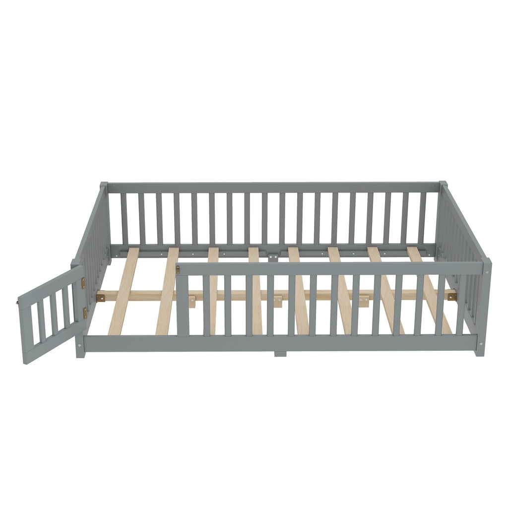 Full Size Bed Floor Bed with Safety Guardrails and Door for Kids, Gray(Old SKU: W1580P154626)