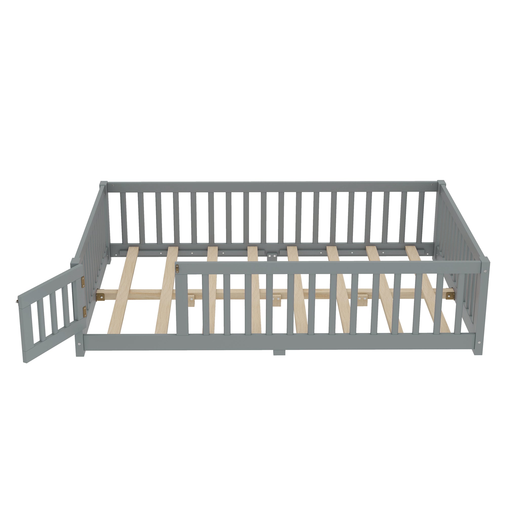 Full Size Bed Floor Bed with Safety Guardrails and Door for Kids, Gray(Old SKU: W1580P154626)