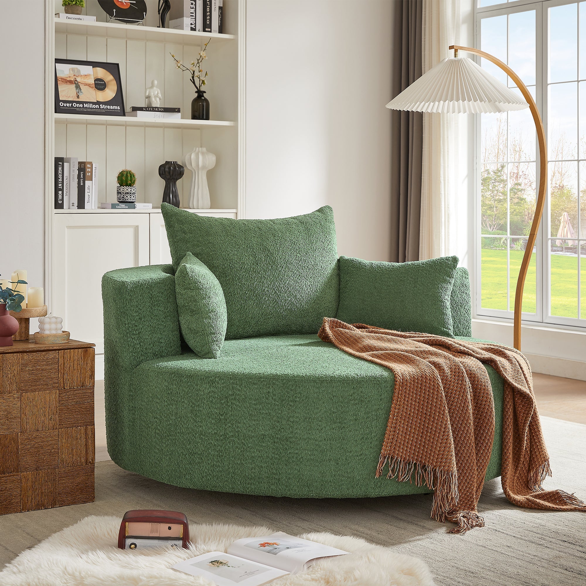 Modern 360° Swivel Accent Barrel Chair with Removable Pillows in Green Chenille for Living Room and Office