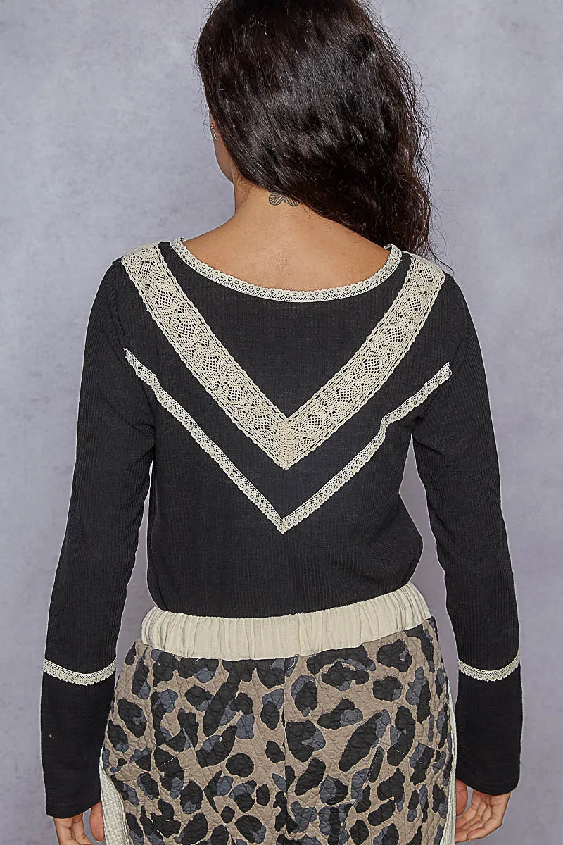 POL Ribbed Half Button Lace Detail Knit Top