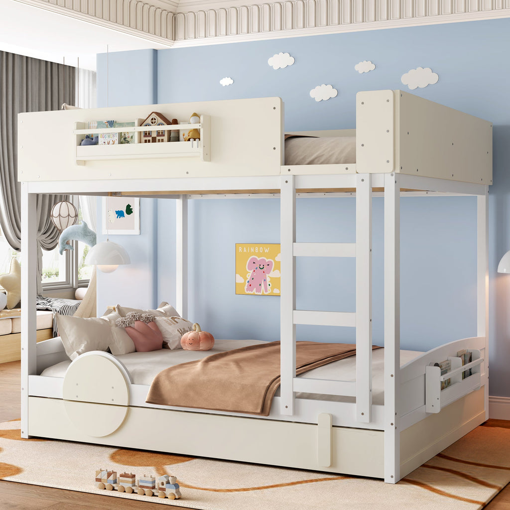 Queen Bunk Bed with Trundle , Wood Bunk Bed Frame with Built-in Bookshelf and High-quality Safety Guardrail,Automobile Form Design for Kids ,White＆ Beige.