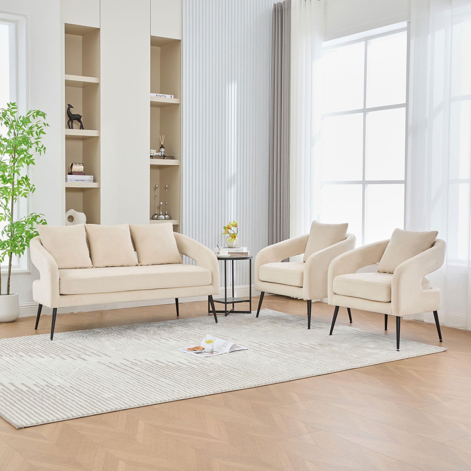 Mid Century Modern Velvet 3-Piece Living Room Set with Metal Legs in Beige, Loveseat & 2 Accent Chairs, Upholstered in Soft Velvet with Round Arms and Solid Wood Frame