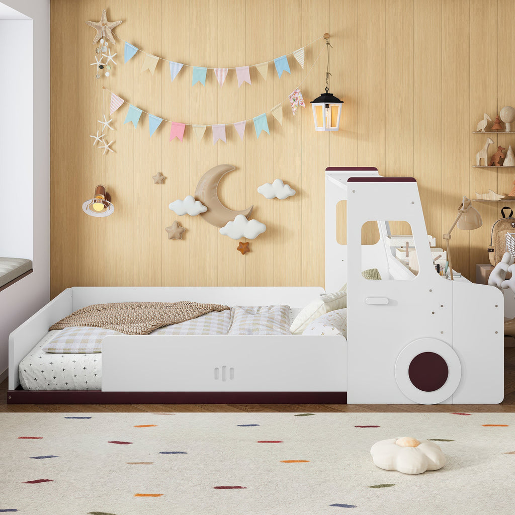 Full Size Floor Bed with Interesting Car-shape Design, Kids Car Floor Bed with Storage Drawers, Window, and Desk, Childlike Design, White