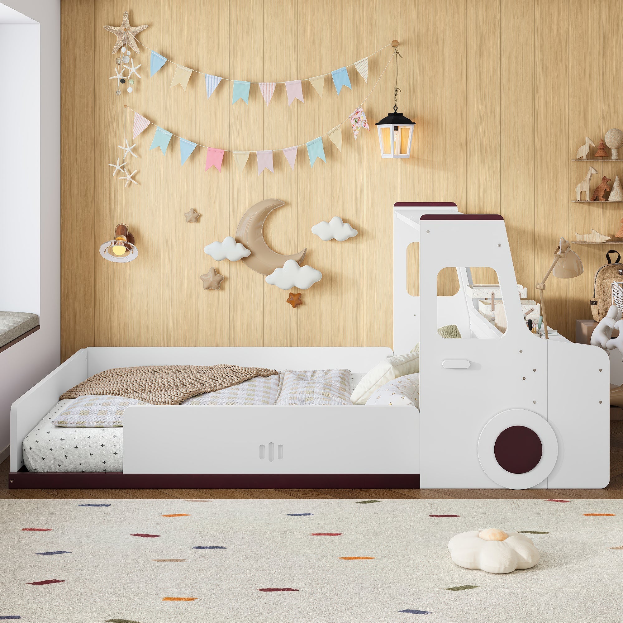 Full Size Floor Bed with Interesting Car-shape Design, Kids Car Floor Bed with Storage Drawers, Window, and Desk, Childlike Design, White