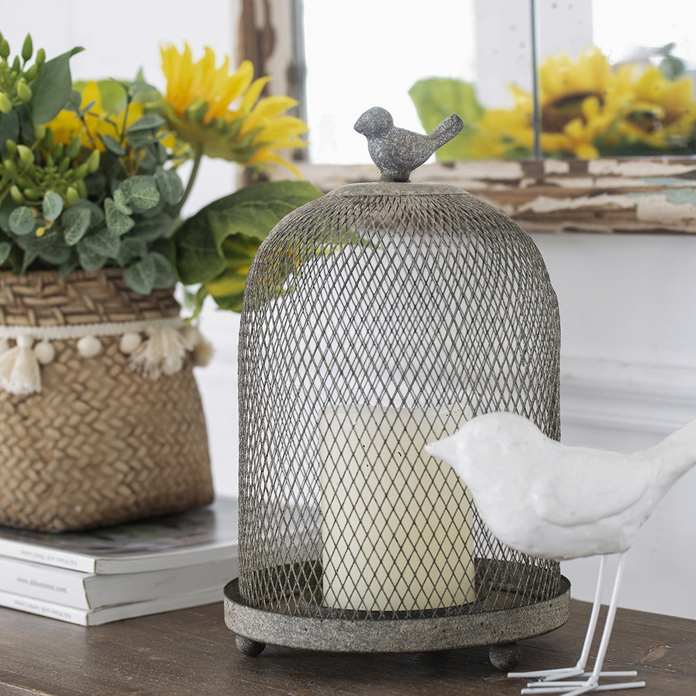 Set of 2 Ophira Sparrow Antique Gray Mesh Candle Holders, L: D8.5x13'  S: D7x10'