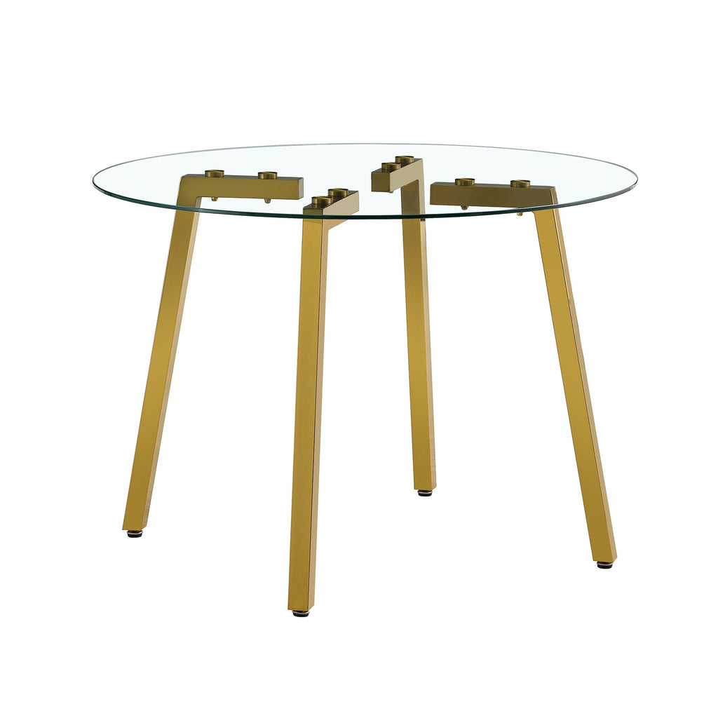 Modern minimalist style circular transparent tempered glass table, tempered glass tabletop, golden metal legs, suitable for kitchen, dining room, and living room, 42 '* 42' * 29.5 '1123r