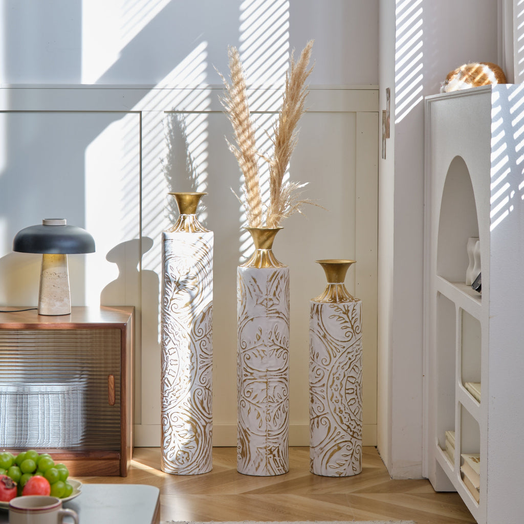 Floor Metal Vases Decorated White Metal Vases Set of 3 Gorgeous Home Decoration Large Glazed Metal Vases 24in/28.7in/33.5in Height
