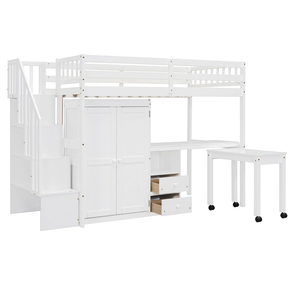 Twin Size Loft Bed with Stairs, Bookshelf, Drawers, Desk & Wardrobe – Space-Saving Multifunctional Furniture for Kids & Teens-White