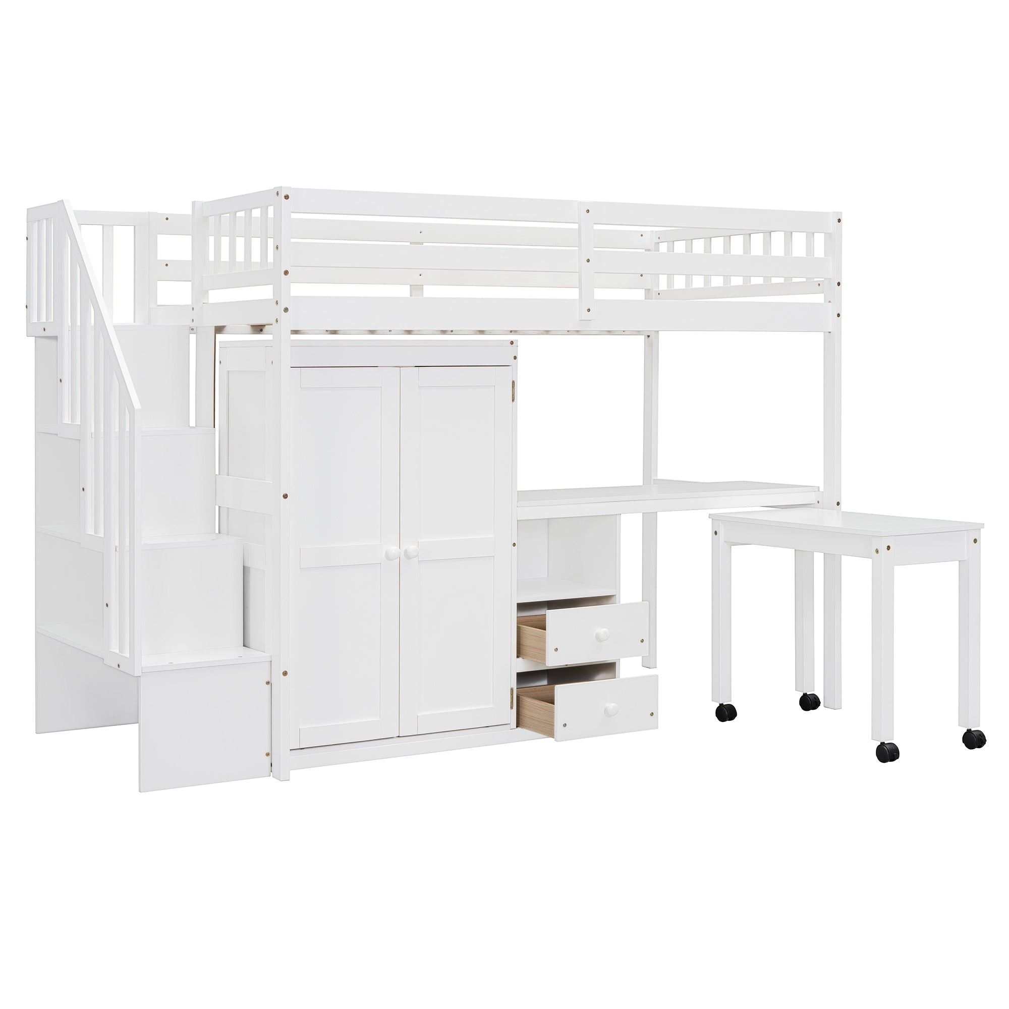 Twin Size Loft Bed with Stairs, Bookshelf, Drawers, Desk & Wardrobe – Space-Saving Multifunctional Furniture for Kids & Teens-White