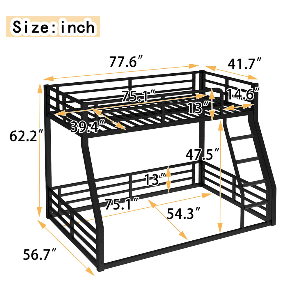 Metal Bunk Bed, Twin over Full Floor Bunk Bed Frame,Heavy-Duty Bunk Bed for Kids, Teens, Adults, Noise-reduced Design, Black