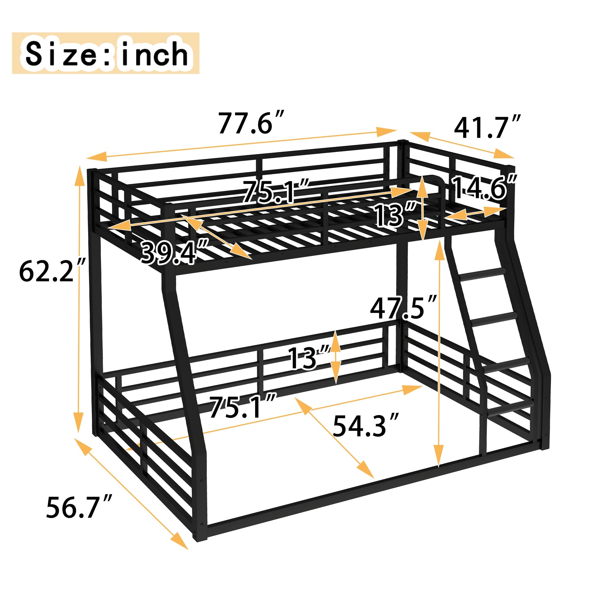 Metal Bunk Bed, Twin over Full Floor Bunk Bed Frame,Heavy-Duty Bunk Bed for Kids, Teens, Adults, Noise-reduced Design, Black