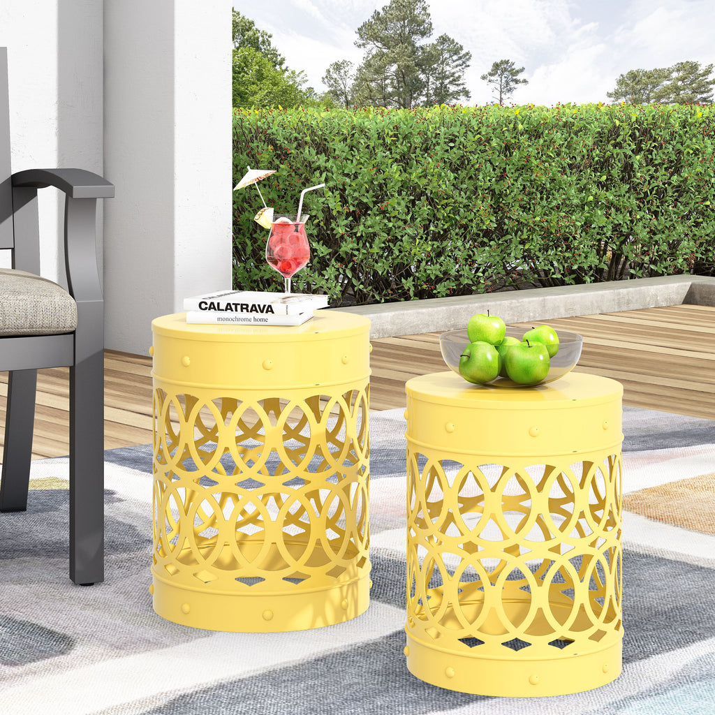 Modern Outdoor Metal End Table Set of 2 with Iron Cut Design in Yellow