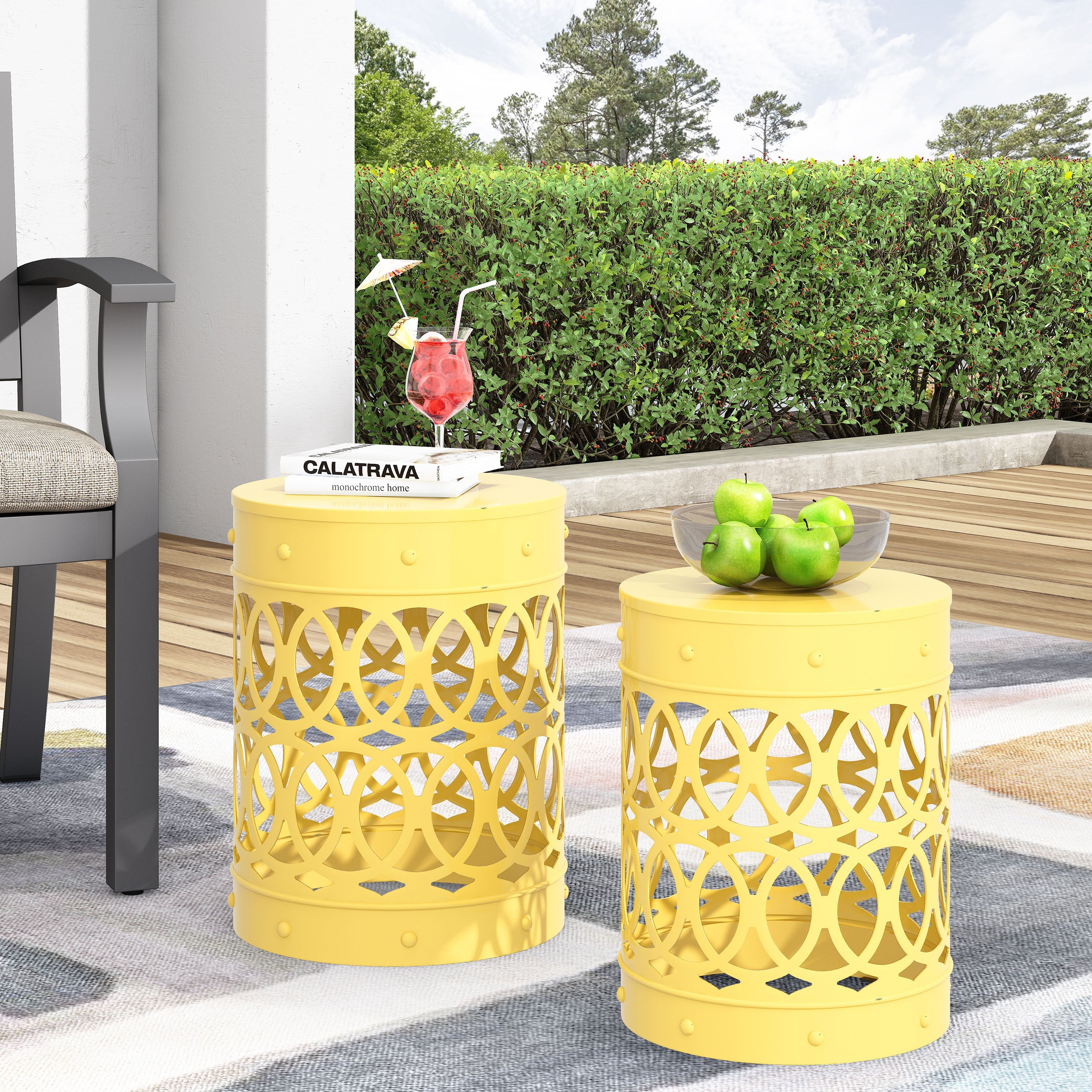 Modern Outdoor Metal End Table Set of 2 with Iron Cut Design in Yellow