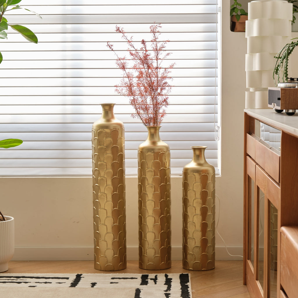 Floor Metal Vases Decorated White Metal Vases Set of 3 Gorgeous Home Decoration Large Glazed Metal Vases 25.2in/29.33in/34.25in Height