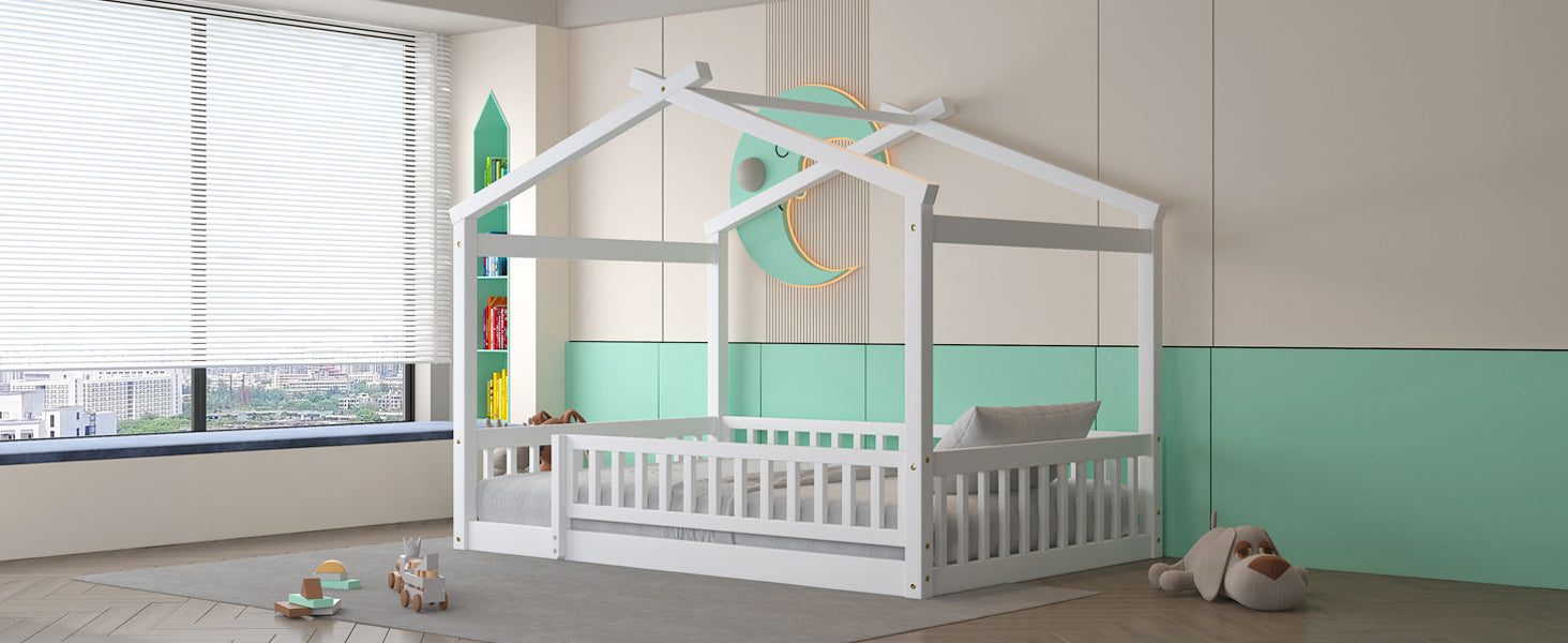 Full Size Wood Bed House Bed Frame with Fence, for Kids, Teens, Girls, Boys,White