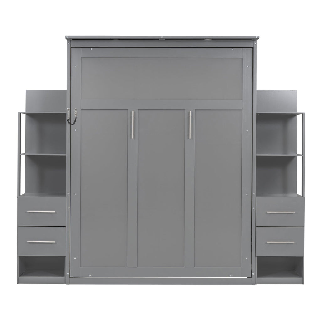 Queen Size Murphy Bed Wall Bed with Shelves, Drawers and Lights,Gray(OLD SKU:LP000566AAE-1)