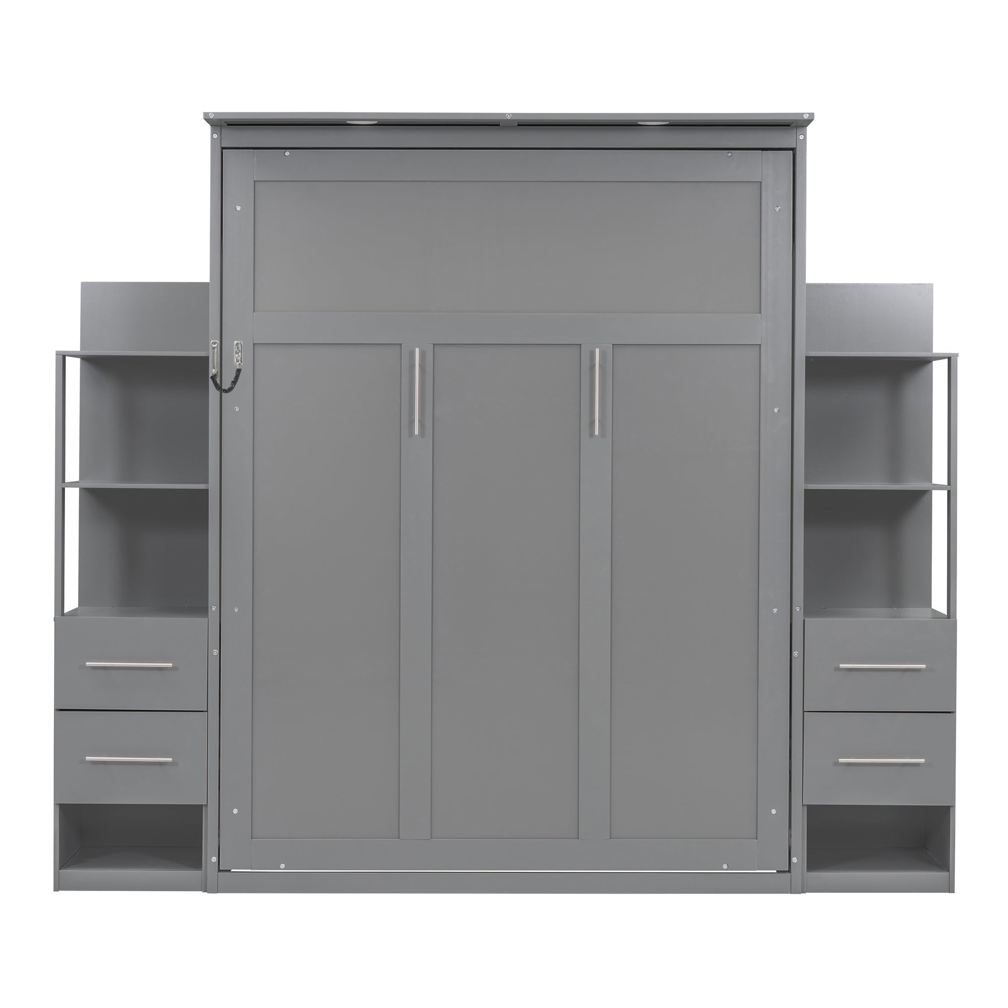 Queen Size Murphy Bed Wall Bed with Shelves, Drawers and Lights,Gray(OLD SKU:LP000566AAE-1)