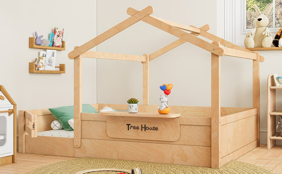 Full Size Floor Bed with Guardrails and Roof, Kids House Floor Bed with a Small Built-in Tray and Free-installed Signboard, Childlike Design, Natural