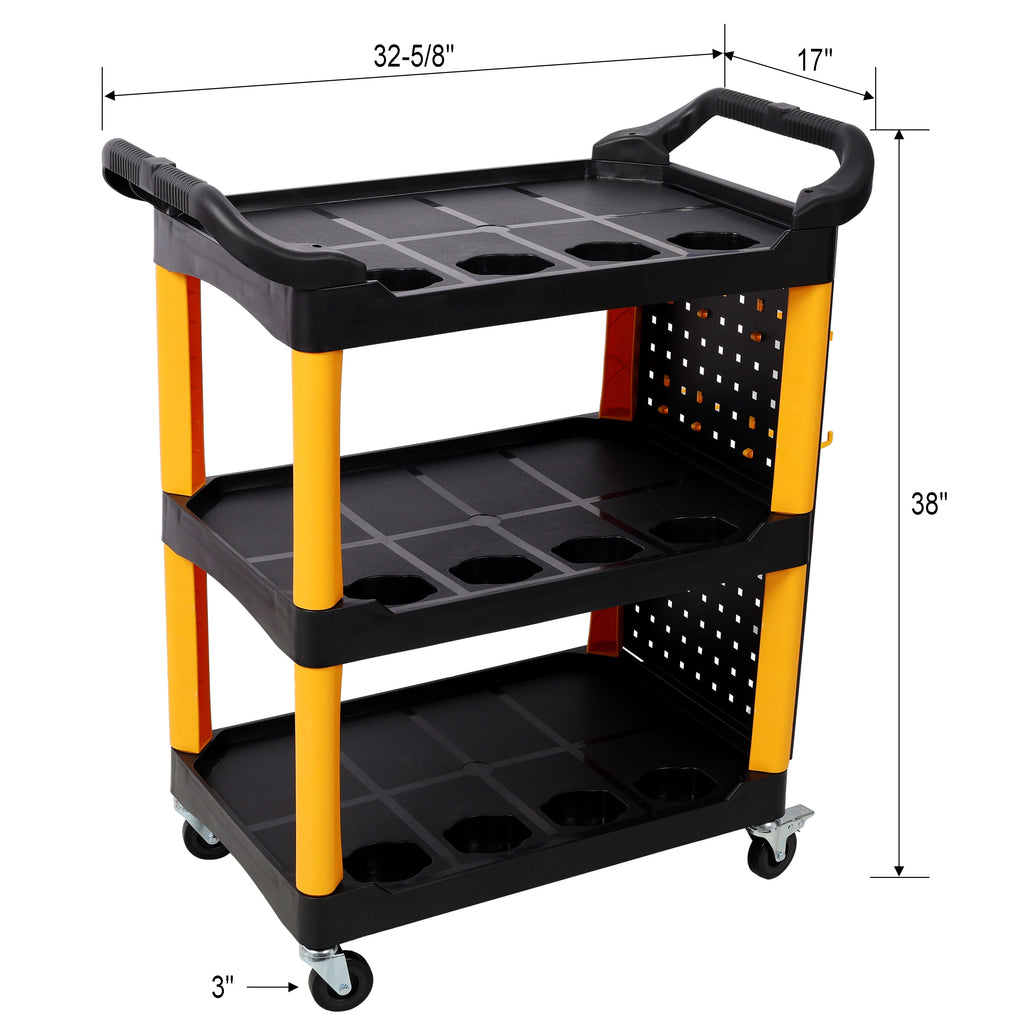 3 Tier Rolling Auto Detail Cart With Wheels,With Panel & Hook,for Detailers Garage, Workshop, Repair Shop, Storage Tool, Yellow&Black