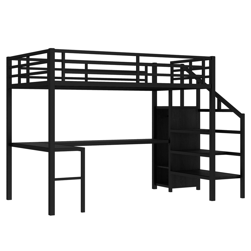 Full Size Loft Bed with L-shaped Desk and USB, Metal Loft Bed with Wardrobe and Adjustable Shelf, High Loft Bed with LED for Kids Teens Adults, Black
