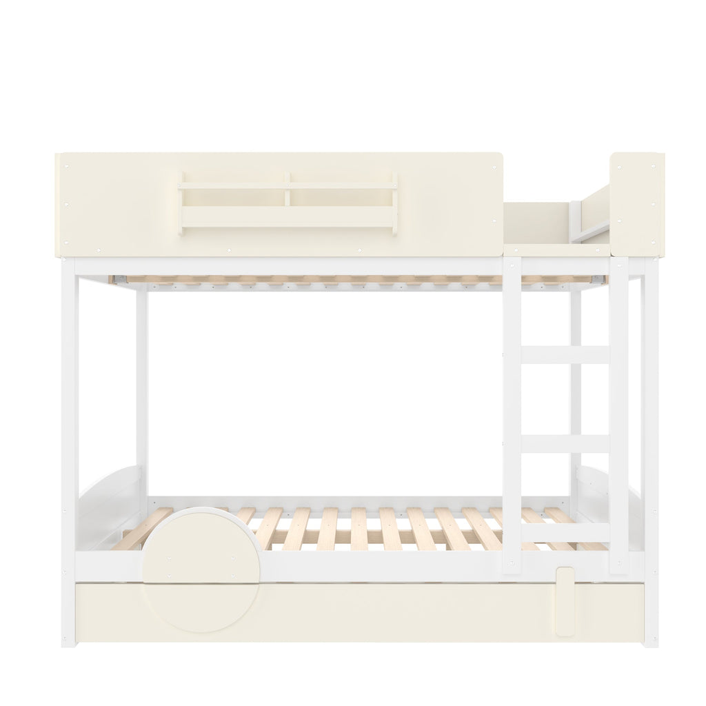 Queen Bunk Bed with Trundle , Wood Bunk Bed Frame with Built-in Bookshelf and High-quality Safety Guardrail,Automobile Form Design for Kids ,White＆ Beige.