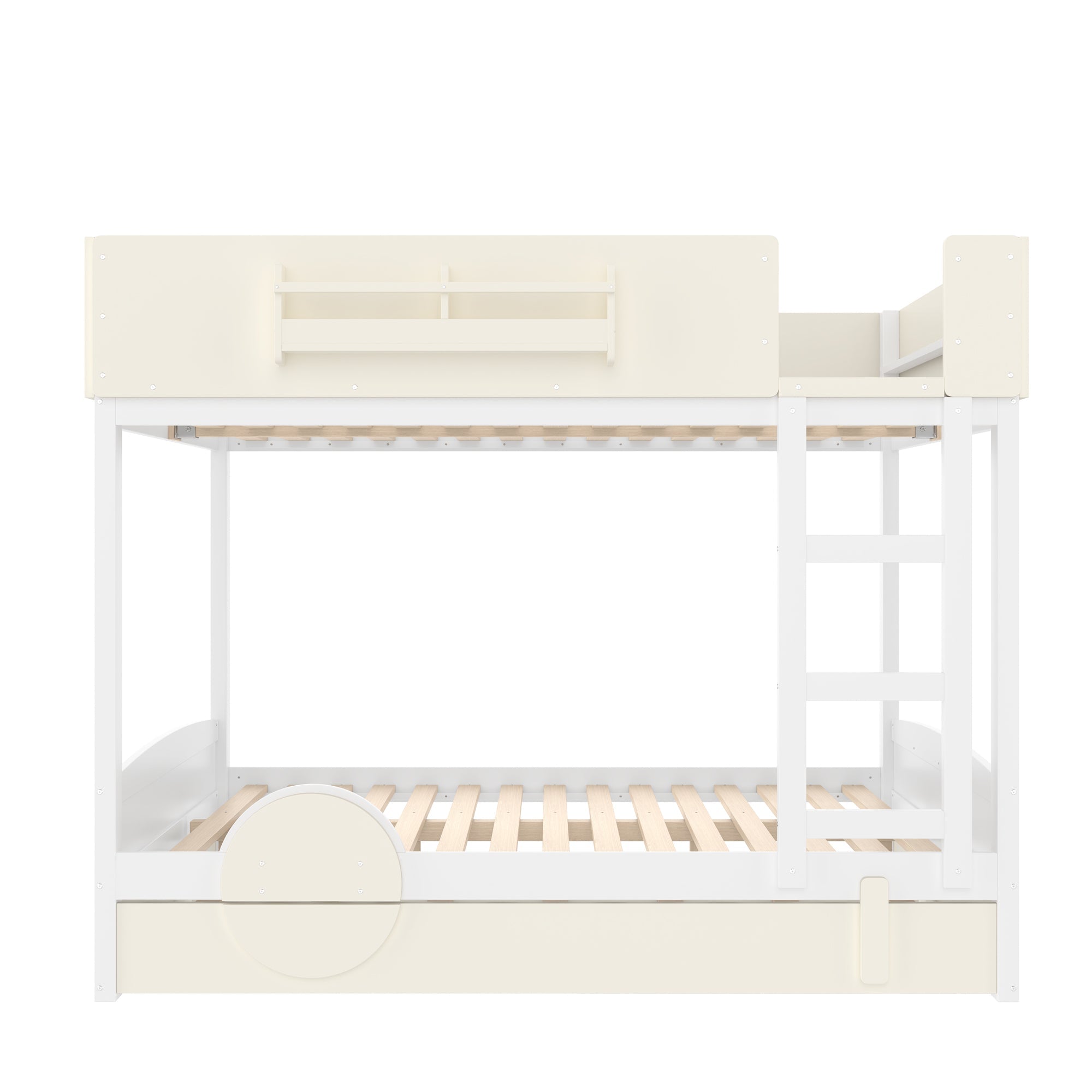 Queen Bunk Bed with Trundle , Wood Bunk Bed Frame with Built-in Bookshelf and High-quality Safety Guardrail,Automobile Form Design for Kids ,White＆ Beige.