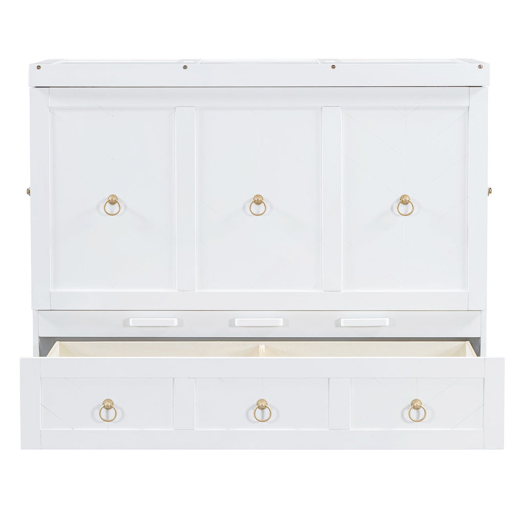 Full Size Murphy Bed with USB Port and a Large Drawer, White