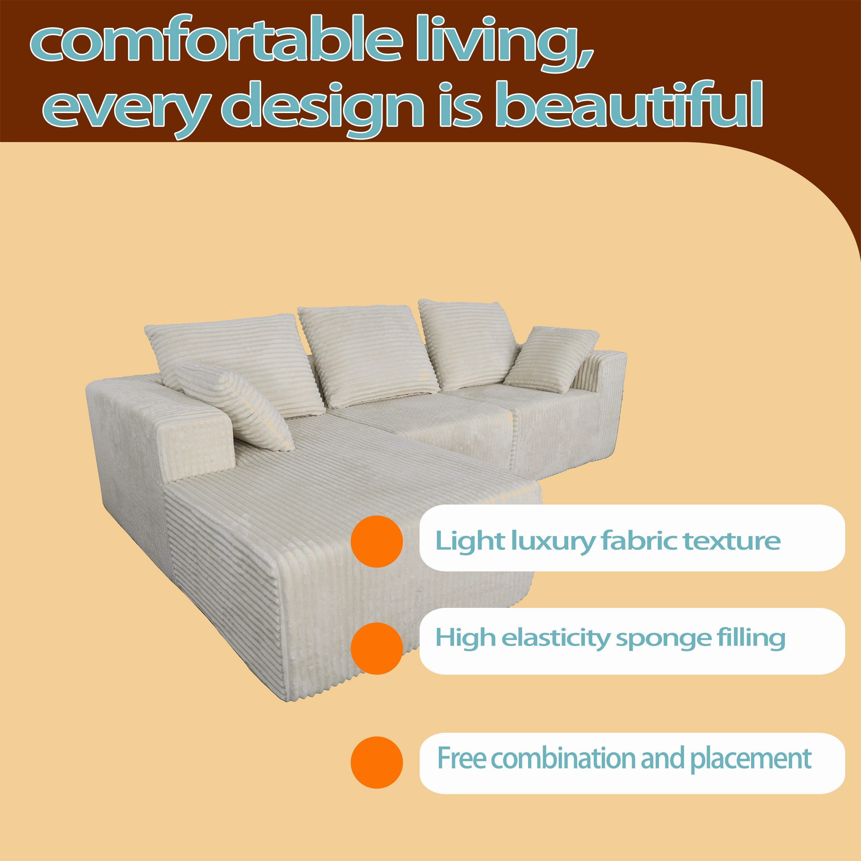 Corner combination sofa, sectional sofa ,couch sofa,sofa bed, made of high-density sponge and soft plush fabric, with multiple combinations available(beige)