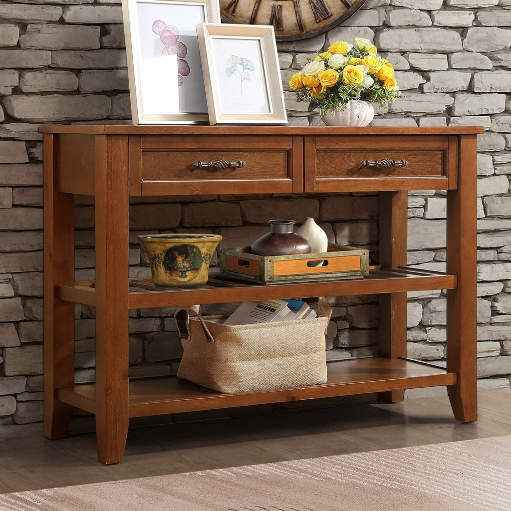 Console Sofa Table with 2 Storage Drawers and 2 Tiers Shelves, Mid-Century Style 42'' Solid Wood Buffet Sideboard for Living Room Furniture Kitchen Dining Room Entryway Hallway, Brown