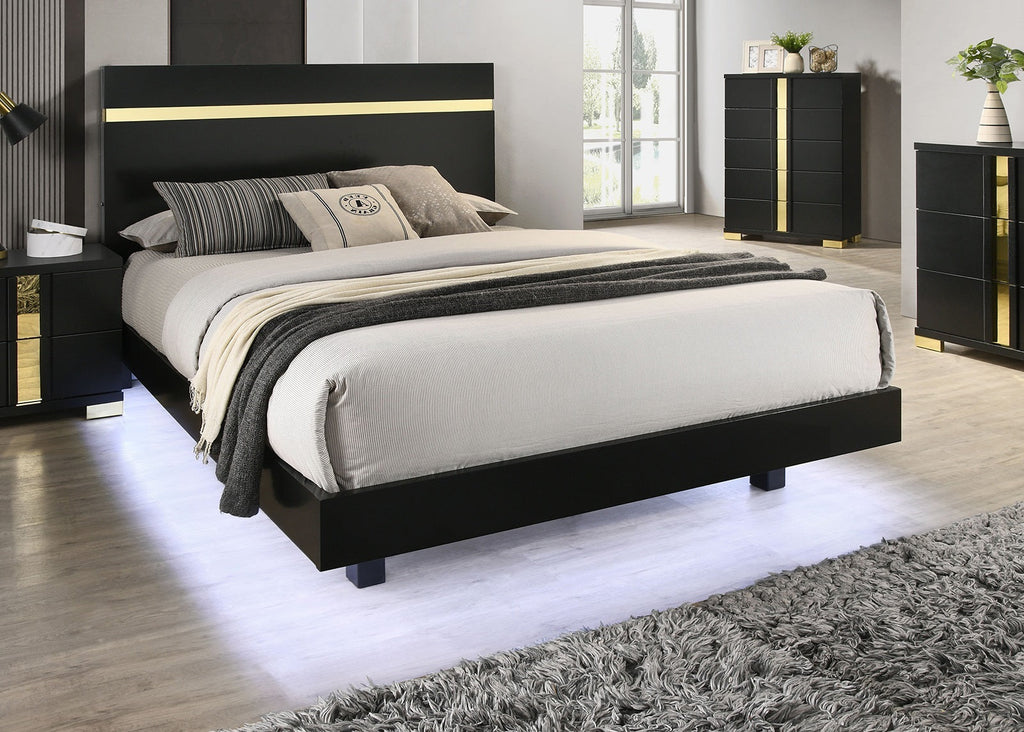 Modern Black 3pc Bedroom Set Full Size Bed w LED 2x Nightstands Mattress Ready Furniture Acrylic Trim