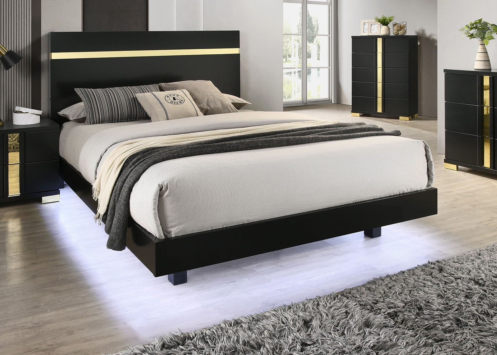 Modern Black 3pc Bedroom Set Full Size Bed w LED 2x Nightstands Mattress Ready Furniture Acrylic Trim