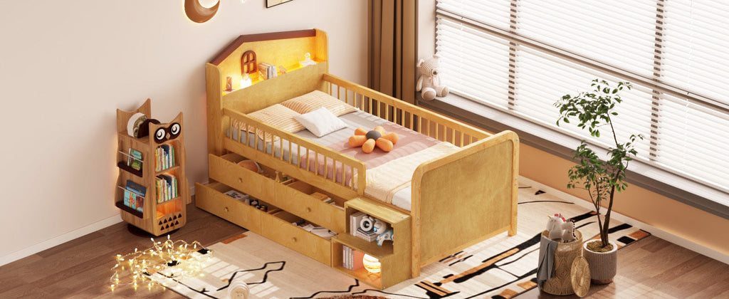 Low Loft Bed with LED Lights, Wooden Twin Loft Bed with House Shape Headboard, Kids Loft Bed with Storage Drawers, Natural (Expect Arrival Date 2025/1/20)