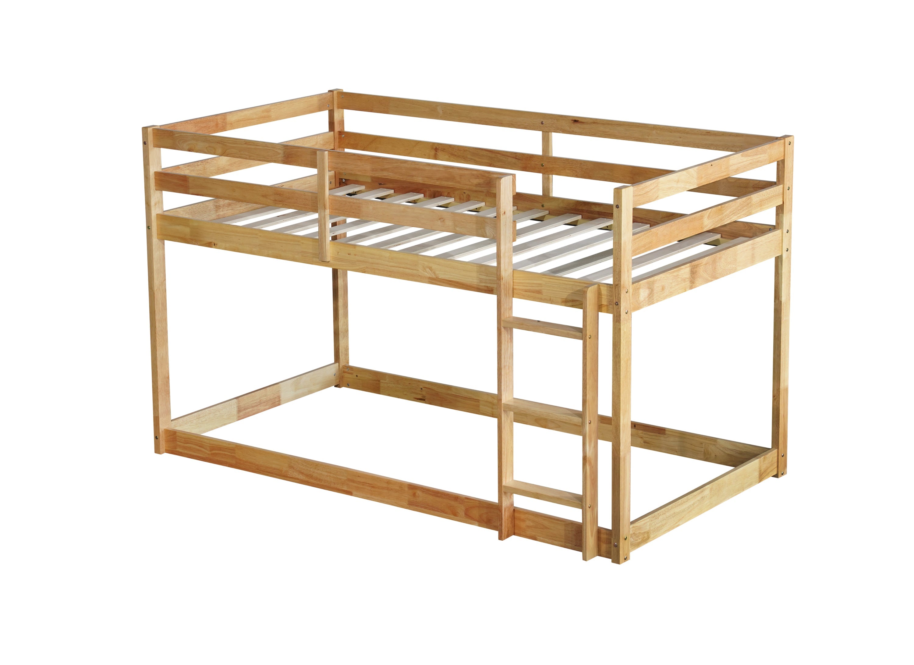 Solid Wooden, Solid Rubber Wooden Twin over Twin Floor Bunk Bed with Ladder, with Bed Platform of Strengthened Slats  , Natural