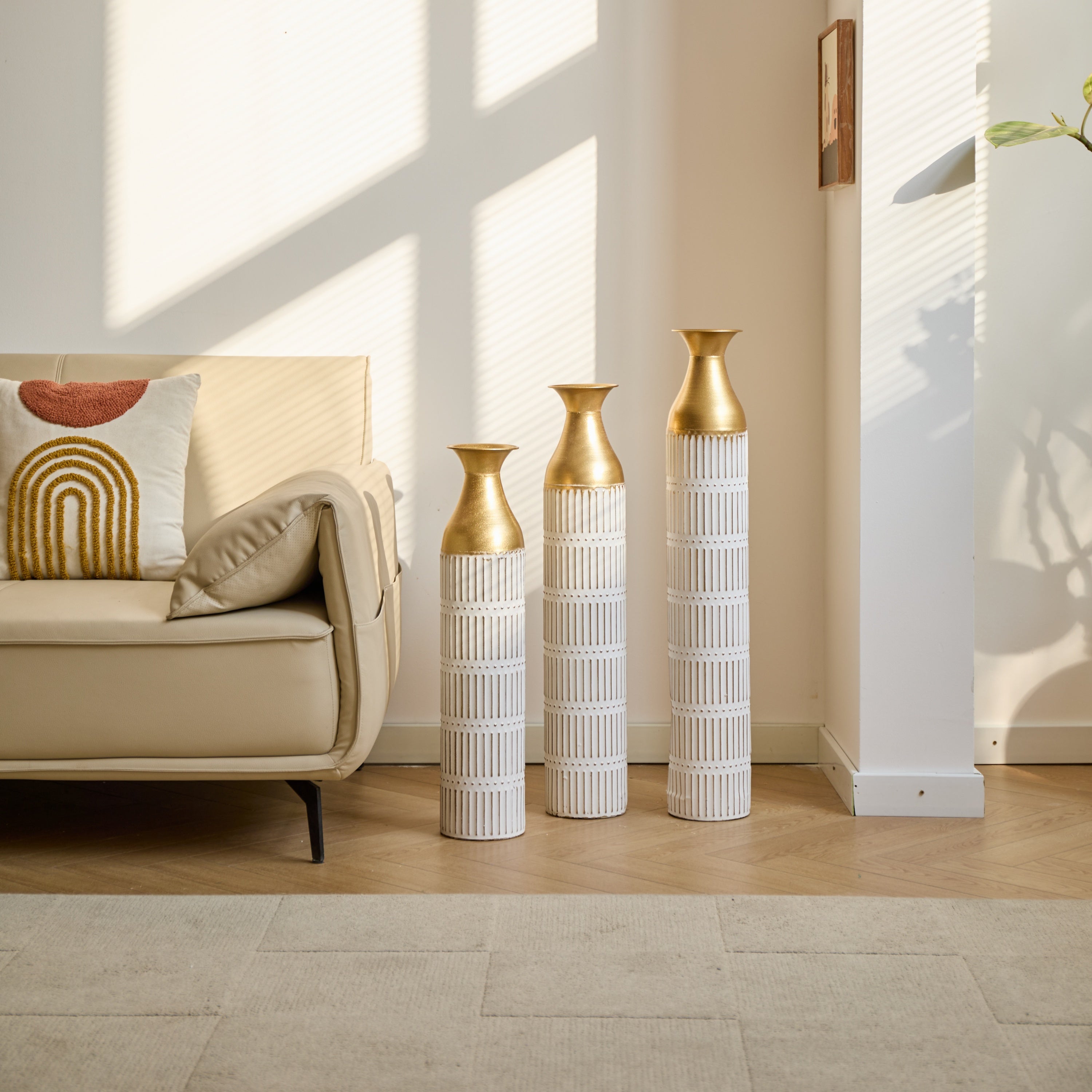 Floor Metal Vases Decorated White Metal Vases Set of 3 Gorgeous Home Decoration Large Glazed Metal Vases 24in/28.7in/33.5in Height